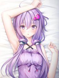 Rule 34 | 1girl, arm up, armpits, bad id, bad pixiv id, bare arms, bare shoulders, bed sheet, blush, breasts, collarbone, criss-cross halter, dress, frilled dress, frills, hair between eyes, halterneck, hand up, highres, long hair, looking at viewer, murano, parted lips, purple dress, purple eyes, purple hair, small breasts, solo, upper body, vocaloid, voiceroid, yuzuki yukari