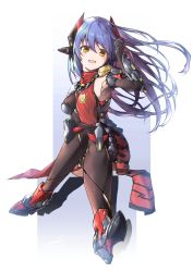 Rule 34 | 1girl, android, black background, black gloves, breasts, gloves, headpiece, highres, joints, leglus, long hair, looking at viewer, medium breasts, open mouth, poppi (xenoblade), poppi qtpi (xenoblade), purple hair, red scarf, robot joints, scarf, smile, solo, sword, thighhighs, weapon, xenoblade chronicles (series), xenoblade chronicles 2, yellow eyes