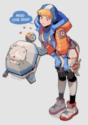 Rule 34 | 1girl, animification, apex legends, blonde hair, blue eyes, blue gloves, blunt bangs, breasts, english text, facial mark, full body, gloves, grey background, heart, hood, hood down, jacket, leaning forward, long sleeves, ming (5unri5e666), open mouth, puffy sleeves, shadow, shoes, simple background, smile, speech bubble, standing, twitter username, wattson (apex legends), white footwear