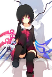 Rule 34 | 1girl, ahoge, asymmetrical wings, bad id, bad pixiv id, black hair, black thighhighs, boots, bow, female focus, highres, houjuu nue, looking at viewer, nail polish, ogipote, pink eyes, polearm, short hair, sitting, snake, solo, spear, thighhighs, touhou, trident, weapon, wings, zoom layer