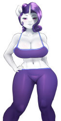 Rule 34 | 1girl, breasts, cleavage, colored skin, hand on own hip, highres, horns, huge breasts, looking at viewer, maarthul, midriff, my little pony, my little pony: friendship is magic, personification, purple eyes, purple hair, rarity (my little pony), single horn, thick thighs, thighs, white skin, wide hips