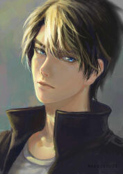Rule 34 | 1boy, black hair, black jacket, blonde hair, blue eyes, closed mouth, collarbone, collared jacket, commentary, english commentary, eyelashes, grey background, highres, jacket, light, long sleeves, looking at viewer, maosishu, multicolored hair, open clothes, open jacket, original, portrait, realistic, shirt, short hair, thick eyebrows, two-tone hair, upper body, white shirt