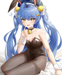 Rule 34 | 1girl, absurdres, ahoge, amamiya kokoro, animal ears, bare shoulders, bell, beret, black collar, black hat, black pantyhose, blue hair, blush, carrot hair ornament, chinese commentary, collar, collarbone, commentary request, covered navel, di qi gang guang, fake animal ears, food-themed hair ornament, hair bell, hair ornament, hand up, hat, heart, heart-shaped pupils, highres, index finger raised, jingle bell, leotard, long hair, neck bell, nijisanji, pantyhose, playboy bunny, rabbit ears, sitting, solo, strapless, strapless leotard, symbol-shaped pupils, thighs, tongue, tongue out, twintails, very long hair, virtual youtuber, wrist cuffs, x hair ornament, yellow eyes
