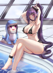 Rule 34 | 2girls, :d, animal costume, architect (girls&#039; frontline), bare arms, bare shoulders, bikini, black bikini, blush, breasts, cleavage, collarbone, crossed legs, earrings, feet, girls&#039; frontline, highres, jewelry, large breasts, legs, long hair, looking at another, looking at viewer, multiple girls, nail polish, navel, one eye closed, open mouth, parted lips, ponytail, pool, popoman, purple eyes, purple hair, purple nails, rei no pool, shark costume, sitting, smile, swimsuit, thighs, toenail polish, toenails, underboob, very long hair, water