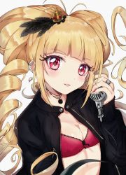 Rule 34 | 10s, aisaki emiru, antenna hair, bad id, bad pixiv id, black jacket, blonde hair, blunt bangs, blush, bra, breasts, choker, cleavage, commentary request, crown, drill hair, ear piercing, earclip, unworn earring, earrings, eyelashes, feather hair ornament, feathers, fingernails, hair ornament, highres, holding, holding microphone, hugtto! precure, jacket, jewelry, light smile, looking at viewer, microphone, mini crown, nail polish, open clothes, open jacket, parted lips, piercing, precure, red bra, red eyes, red nails, ring, rudo (rudorudo0917), simple background, small breasts, solo, twin drills, underwear, upper body, white background