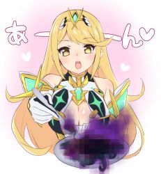 Rule 34 | 1girl, armor, bad food, bad id, bad twitter id, blonde hair, blush, breasts, censored, cleavage, cleavage cutout, clothing cutout, covered navel, earrings, gem, headpiece, jewelry, large breasts, looking at viewer, madanai (morisumeshi), mosaic censoring, mythra (xenoblade), nintendo, shoulder armor, simple background, smile, solo, swept bangs, thigh strap, tiara, xenoblade chronicles (series), xenoblade chronicles 2