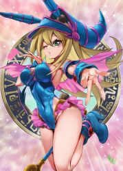 Rule 34 | 1girl, animal ears, armpits, bare shoulders, blonde hair, blowing kiss, blue footwear, blue hat, blue leotard, blush stickers, boots, breasts, brooch, capelet, covered navel, curvy, dark magician girl, duel monster, eyelashes, fake animal ears, fake tail, foot out of frame, frilled leotard, frills, green eyes, hat, highleg, highleg leotard, jewelry, large breasts, leotard, long hair, looking at viewer, magic circle, magical girl, one eye closed, outstretched arm, pink capelet, playboy bunny, rabbit ears, rabbit tail, shiny skin, sideboob, solo, staff, tail, wide hips, witch hat, youmou usagi, yu-gi-oh!