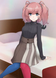 Rule 34 | 1girl, asymmetrical legwear, atlanta (kancolle), bed, black sweater, blue pantyhose, breasts, brown hair, brown skirt, casual, earrings, grey eyes, highres, jewelry, kantai collection, kodama (mmt uf), large breasts, long hair, looking at viewer, medium breasts, mismatched legwear, necklace, official alternate costume, pantyhose, red pantyhose, ribbed sweater, sitting, skirt, smile, solo, star (symbol), star earrings, sweater, turtleneck, turtleneck sweater, two side up