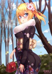 Rule 34 | 1girl, absurdres, artist name, as val (fireworks of dreams) (girls&#039; frontline), as val (girls&#039; frontline), bag, bare tree, black kimono, blonde hair, blue eyes, blue sky, blurry, blurry background, blush, breasts, cloud, commentary request, day, depth of field, fingernails, floral print, flower, fur collar, girls&#039; frontline, glasses, gmkj, hair between eyes, hair flower, hair ornament, handbag, highres, holding, holding bag, japanese clothes, kimono, long hair, long sleeves, looking at viewer, looking to the side, medium breasts, obi, official alternate costume, outdoors, parted lips, pixiv id, ponytail, print kimono, red-framed eyewear, sash, semi-rimless eyewear, sky, sleeves past wrists, solo, tree, under-rim eyewear, white flower