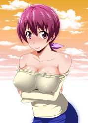 Rule 34 | 10s, 1girl, breast hold, breasts, cleavage, cloud, crossed arms, covered erect nipples, hoshizora ikuyo, large breasts, precure, purple eyes, purple hair, sky, smile precure!, solo, zerosu (take out)