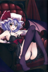 Rule 34 | 1girl, absurdres, armchair, babydoll, bare shoulders, bat wings, black panties, black thighhighs, chair, colored eyelashes, eyelashes, fangs, female focus, flat chest, hand on own chest, hat, highres, light purple hair, looking at viewer, nail polish, navel, open mouth, panties, pointy ears, red eyes, red nails, red upholstery, remilia scarlet, short hair, sitting, smile, solo, thighhighs, touhou, underwear, utakata (kochou no yume), wings, wrist cuffs