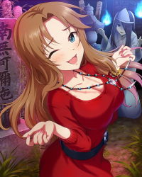 Rule 34 | 10s, 2girls, blue eyes, bracelet, breasts, brown hair, character request, cleavage, dress, graveyard, hitodama, idolmaster, idolmaster cinderella girls, jewelry, large breasts, long hair, matsumoto sarina, multiple girls, necklace, official art, one eye closed, open mouth, red dress, smile, tombstone