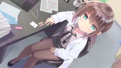 Rule 34 | 1girl, black footwear, black pantyhose, blue eyes, brown hair, brown shirt, chair, coat, coffee, coffee mug, commentary request, computer, cup, desk, from above, highres, indoors, lab coat, laptop, long hair, looking at viewer, looking up, miniskirt, mug, original, pantyhose, paper, paper stack, pen, pleated skirt, ponytail, shirt, shoes, sitting, skirt, solo, tenjou ryuka, thighs, white coat