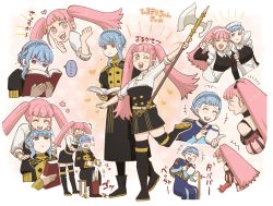 Rule 34 | ..., 2girls, ^^^, alternate costume, alternate hairstyle, apron, axe, black legwear, blank eyes, blue hair, blunt bangs, blush, book, boots, braid, breasts, chin rest, crown braid, cup, dress, dropping, enmaided, female focus, fire emblem, fire emblem: three houses, flower, full body, garreg mach monastery uniform, hair bun, head on head, head rest, heart, highres, hilda valentine goneril, korokoro daigorou, laughing, locked arms, long hair, looking at another, looking at viewer, looking away, maid, maid apron, maid headdress, marianne von edmund, matching hair/eyes, medium breasts, multiple girls, multiple views, nintendo, one eye closed, open mouth, pink eyes, pink hair, ponytail, pouring, purple eyes, shaded face, short hair, sidelocks, simple background, single hair bun, sitting, sleeves rolled up, spoken ellipsis, standing, standing on one leg, sweatdrop, teacup, teapot, thighhighs, thighhighs under boots, twintails, white background, wink, zettai ryouiki