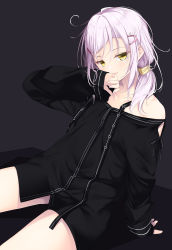 Rule 34 | 1girl, arm support, bare shoulders, blush, collarbone, commentary request, dress, grey background, hair ornament, hair tie, hairclip, hand on own face, highres, long sleeves, looking at viewer, messy hair, off-shoulder dress, off shoulder, original, parted lips, pink hair, ponytail, sasahara wakaba, simple background, sitting, sleeves past wrists, swept bangs, thighs, yellow eyes