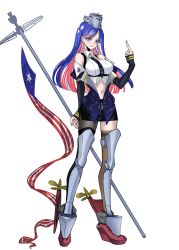Rule 34 | 1girl, american flag, anno88888, black necktie, black skirt, black thighhighs, blue eyes, blue hair, breasts, brown thighhighs, flag, full body, headgear, highres, holding, holding flag, kantai collection, large breasts, long hair, long sleeves, middle finger, multicolored hair, navel, necktie, open mouth, red hair, rudder footwear, simple background, single leg pantyhose, single thighhigh, skirt, solo, south dakota (kancolle), standing, star (symbol), thighhighs, white background, white hair