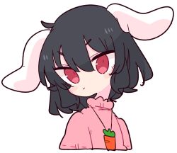 Rule 34 | 1girl, animal ears, black hair, carrot, carrot necklace, dress, floppy ears, high collar, highres, inaba tewi, jewelry, necklace, op na yarou, pink dress, rabbit ears, rabbit girl, red eyes, ribbon-trimmed dress, short hair, simple background, solo, touhou, white background