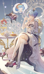 Rule 34 | 1girl, ahoge, bare shoulders, blue hair, cake, chinese commentary, collarbone, commentary request, crossed legs, cup, dinergate (girls&#039; frontline), dress, emurina, food, full body, girls&#039; frontline, gloves, hair between eyes, hair ornament, hairband, high heels, highres, holding, holding cup, long dress, looking at viewer, official alternate costume, plate, purple eyes, ribbon, saucer, short hair, sitting, sleeveless, sleeveless dress, smile, speech bubble, table, tagme, teacup, teapot, thighhighs, white dress, white gloves, white ribbon, white thighhighs, zas m21 (girls&#039; frontline), zas m21 (white queen) (girls&#039; frontline)