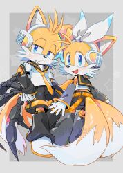 Rule 34 | 2boys, aqua eyes, arm tattoo, blue eyes, blush, bow, commentary, commentary request, cosplay, crossdressing, detached sleeves, fox boy, frown, furry, furry male, hair bow, hair ornament, hair ribbon, headphones, headset, highres, kagamine len, kagamine len (cosplay), kagamine rin, kagamine rin (cosplay), leg warmers, looking at viewer, male focus, mechanical arms, misuta710, multiple boys, multiple tails, necktie, nine (sonic), number tattoo, open mouth, ribbon, sailor collar, shorts, siblings, simple background, sonic (series), sonic prime, tail, tails (sonic), tattoo, treble clef, twins, white bow, yellow fur, yellow necktie