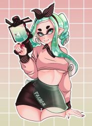 Rule 34 | 1girl, aqua eyes, aqua hair, blush, breasts, cowboy shot, cropped legs, dot nose, faollan, female focus, fingernails, gradient background, grey background, gun, hair ribbon, half-closed eyes, head tilt, holding, holding gun, holding weapon, inkling (language), inkling player character, large breasts, lips, long fingernails, long hair, looking at viewer, matching hair/eyes, midriff, nail polish, nintendo, patterned background, pink background, pink lips, pointy ears, polka dot, puffy sleeves, ribbon, shiny clothes, shiny skin, shorts, sidelocks, skirt over shorts, solo, splatoon (series), standing, text focus, thick eyebrows, thick thighs, thighs, underboob, weapon, wide sleeves, zipper