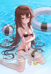 Rule 34 | 1girl, absurdres, ball, bare arms, bare legs, bare shoulders, beachball, bikini, blush, breasts, brown hair, closed mouth, day, flower-shaped pupils, foot out of frame, genshin impact, hair between eyes, highres, hu tao (genshin impact), innertube, long hair, looking at viewer, loyo, medium breasts, navel, outdoors, red eyes, rubber duck, sitting, stomach, strap slip, string bikini, swim ring, swimsuit, symbol-shaped pupils, thigh strap, thighs, twintails, untied bikini, very long hair, water