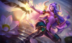 Rule 34 | 1girl, blade, boots, cleavage cutout, clothing cutout, detached sleeves, flower, green eyes, irelia, knee boots, league of legends, long hair, lotus, michelle hoefener, official art, order of the lotus irelia, purple hair, solo, very long hair