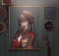 Rule 34 | 1girl, black flower, brown hair, ensemble girls!, flower, flower pot, flower request, hair flower, hair ornament, highres, japanese clothes, kimono, long hair, long sleeves, looking at viewer, mikage kasumi, one eye closed, picture frame, red eyes, red flower, solo, sumibiya yasain
