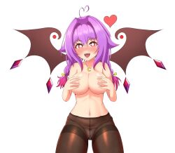 Rule 34 | 1girl, absurdres, ahoge, bare shoulders, bat wings, blush, bow, bow panties, braid, breasts, covering breasts, covering privates, crescent moon, crystal, fangs, female focus, hair tie, heart, highres, jewelry, large breasts, looking at viewer, medium hair, mizmillificent, monster girl, moon, navel, necklace, nipples, no background, no bra, no shirt, original, pale skin, panties, purple hair, red eyes, revealing breasts, smile, solo, star (symbol), symbol-shaped pupils, thighhighs, thighs, tongue, twin braids, underwear, vampire, white panties, wings