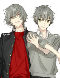 Rule 34 | 2boys, aged down, aged up, buttons, character name, closed mouth, collared shirt, eyes visible through hair, gakuran, green eyes, grey hair, grey sweater, hagiwara daisuke, hori-san to miyamura-kun, hori kyousuke, hori souta, looking at viewer, male focus, multiple boys, open collar, parted lips, red eyes, red shirt, school uniform, shirt, short hair, sweater, upper body, white background
