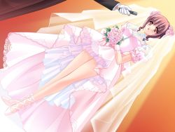 Rule 34 | 1girl, airi (quilt), bridal veil, bride, carnelian, dress, dutch angle, flower, formal, full body, game cg, hair flower, hair ornament, legs together, microphone, out of frame, pink flower, pink rose, quilt, quilt (game), red eyes, rose, solo focus, standing, veil, wedding dress