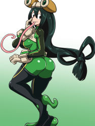 Rule 34 | 10s, 1girl, :&gt;, akanbe, ass, asui tsuyu, black eyes, black hair, bodysuit, boku no hero academia, boots, breasts, eyelashes, eyelid pull, frog girl, from behind, full body, gloves, goggles, goggles on head, gradient background, green background, hair between eyes, hair rings, highres, large breasts, long hair, long tongue, looking back, low-tied long hair, monster girl, shiny clothes, shiva (tairakuten), skin tight, solo, split-toe footwear, standing, standing on one leg, thigh boots, thighhighs, tongue, tongue out, white background