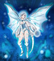 Rule 34 | 1girl, armor, blue-eyes alternative white dragon, blue-eyes white dragon, blue eyes, breasts, cleavage cutout, clothing cutout, commission, costume, crossover, dragon tail, dragon wings, duel monster, hikariangelove, long hair, looking at viewer, rwby, standing, tail, weiss schnee, white hair, wings, yu-gi-oh!, yu-gi-oh! duel monsters