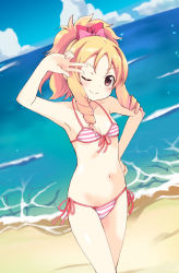 Rule 34 | 10s, 1girl, ;), beach, bikini, blonde hair, bow, breasts, brown eyes, day, drill hair, eromanga sensei, hair bow, hand on own hip, looking at viewer, massala, navel, ocean, one eye closed, pink bow, ponytail, red bow, side-tie bikini bottom, small breasts, smile, solo, standing, striped bikini, striped clothes, swimsuit, twin drills, v, yamada elf
