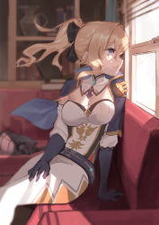 Rule 34 | 1girl, absurdres, black gloves, black ribbon, blonde hair, blue capelet, blue eyes, breasts, capelet, cat, cleavage, cokio, commentary request, couch, genshin impact, gloves, hair ribbon, highres, indoors, jean (genshin impact), long hair, looking away, medium breasts, ponytail, ribbon, sitting, solo