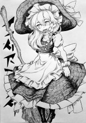 1girl absurdres apron bow braid broom chronozbergh commentary english_commentary greyscale hair_bow hat hat_bow highres holding holding_broom kirisame_marisa long_hair looking_at_viewer monochrome open_mouth puffy_short_sleeves puffy_sleeves short_sleeves side_braid single_braid solo touhou traditional_media vest waist_apron witch_hat