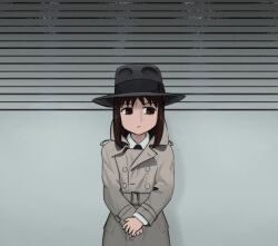 Rule 34 | 1girl, averting eyes, azumanga daiou, belt, belt buckle, black hat, black necktie, brown belt, brown coat, brown eyes, brown hair, buckle, buttons, closed mouth, coat, commentary, cosplay, cowboy shot, double-breasted, english commentary, expressionless, fedora, french commentary, hat, height mark, jef costello (le samourai), jef costello (le samourai) (cosplay), kasuga ayumu, le samourai, light frown, medium hair, mixed-language commentary, monky sm, movie reference, necktie, own hands together, shirt, solo, standing, trench coat, v arms, white shirt