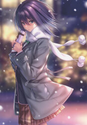 Rule 34 | 1girl, absurdres, blazer, blue eyes, blurry, blurry background, blush, box, breath, buttons, coat, gift, gift box, hanikami kanojo, highres, holding, jacket, looking at viewer, miyatsuki yuna, open clothes, open coat, parted lips, piromizu, pom pom (clothes), purple hair, ribbon, scarf, school uniform, short hair, simple background, skirt, snow, snowing, winter clothes, winter coat