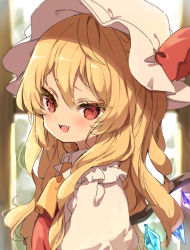 Rule 34 | 1girl, alternate hairstyle, blonde hair, blush, commentary request, crystal, fangs, flandre scarlet, hat, hat ribbon, long hair, looking at viewer, mob cap, open mouth, piyokichi, red eyes, red ribbon, red vest, ribbon, shirt, side ponytail, smile, solo, touhou, upper body, vest, white hat, white shirt, wings, yellow neckwear