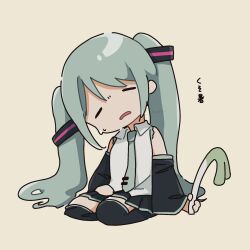 Rule 34 | 1girl, bare shoulders, black sleeves, black thighhighs, chibi, cinnamiku, closed eyes, collared shirt, commentary request, detached sleeves, facing viewer, food, green hair, green necktie, hair down, hair ornament, hatsune miku, highres, holding, holding food, holding spring onion, holding vegetable, hot, long hair, melting, necktie, rororodly, seiza, shirt, simple background, sitting, solo, spring onion, thighhighs, tie clip, vegetable, very long hair, vocaloid, white shirt, zettai ryouiki