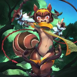 Rule 34 | 1girl, animal ears, brown hair, furry, furry female, highres, kamukamu6392, navel, open mouth, red eyes, smile, solo, squirrel, squirrel ears, squirrel tail, tail, thigh gap, whip