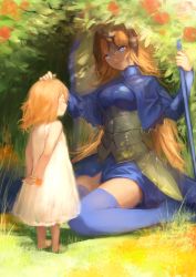 Rule 34 | 2girls, age difference, aged down, armor, arms behind back, blonde hair, blue eyes, blue thighhighs, breasts, closed eyes, commentary, dress, facing another, fate/apocrypha, fate/grand order, fate (series), flower, grass, headpat, headpiece, highres, hojiro (piko519), holding, holding flower, jeanne d&#039;arc (fate), jeanne d&#039;arc (ruler) (fate), long hair, looking at another, medium breasts, multiple girls, nature, sitting, sketch, smile, thighhighs, wariza, white dress