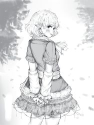 Rule 34 | 1girl, arm warmers, arms behind back, bare legs, greyscale, highres, looking at viewer, looking back, mizuhashi parsee, monochrome, mugo (mugokii), pointy ears, scarf, short hair, short sleeves, skirt, solo, standing, touhou, white scarf