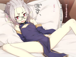 Rule 34 | 1girl, bare shoulders, bed sheet, black-framed eyewear, black dress, black sleeves, china dress, chinese clothes, curtains, detached sleeves, dress, fang, feet out of frame, forehead, glasses, grey hair, highres, long sleeves, looking at viewer, lying, ogami kazuki, on back, open mouth, original, pelvic curtain, pillow, pointy ears, red eyes, short eyebrows, sleeveless, sleeveless dress, solo, spread legs, thick eyebrows, translated, v-shaped eyebrows, violet (ogami kazuki), wide sleeves