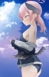 Rule 34 | 1girl, alternate costume, armpits, ass, black wings, blue archive, blue sky, blurry, cloud, cloudy sky, commentary request, competition school swimsuit, depth of field, feathered wings, gym uniform, haamon (harmon), hair between eyes, halo, head wings, highres, jacket, koharu (blue archive), long hair, long sleeves, multicolored clothes, multicolored jacket, open clothes, open jacket, outdoors, pink eyes, pink hair, profile, school swimsuit, sidelocks, sky, sleeveless, solo, swimsuit, swimsuit under clothes, track jacket, twintails, two-tone jacket, wet, wet clothes, wet swimsuit, wings