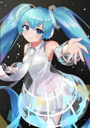 Rule 34 | 1girl, bare shoulders, blue eyes, blue hair, breasts, collared shirt, commentary, hair ornament, hatsune miku, hatsune miku expo, headphones, highres, long hair, necktie, piku 39, shirt, skirt, sleeveless, sleeveless shirt, smile, solo, star (symbol), starry background, thighhighs, twintails, very long hair, vocaloid, white necktie