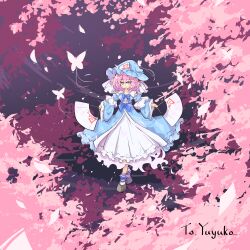 Rule 34 | 1girl, absurdres, aqua dress, blue bow, bow, bug, butterfly, cherry blossoms, dark background, dress, frilled dress, frills, ghost, hand fan, hat, highres, holding, holding fan, insect, paper fan, petals, pink eyes, pink hair, primsla, ribbon-trimmed sleeves, ribbon trim, saigyouji yuyuko, touhou, waist bow, white dress