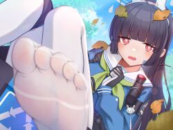 Rule 34 | 1girl, animal ears, black gloves, black hair, blue archive, blue shirt, blunt bangs, blush, commentary request, fake animal ears, feet, foot focus, foot out of frame, gloves, green neckerchief, highres, hoshimiya aki, knee pads, knees together feet apart, knees up, leaf, leaf on head, long hair, long sleeves, miyu (blue archive), neckerchief, no shoes, open mouth, outdoors, paid reward available, pink eyes, puffy long sleeves, puffy sleeves, rabbit ears, sailor collar, sailor shirt, school uniform, serafuku, shirt, soles, solo, toes, white sailor collar