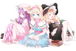 Rule 34 | 3girls, alice margatroid, apron, bad id, bad pixiv id, black dress, blonde hair, blue dress, blue eyes, book, book stack, braid, capelet, closed eyes, coat, crescent, dress, hairband, hand to own mouth, hat, kirisame marisa, lolita hairband, long sleeves, looking at viewer, mob cap, multiple girls, no shoes, open clothes, open coat, open mouth, patchouli knowledge, puffy sleeves, purple dress, purple eyes, purple hair, sash, short sleeves, simple background, single braid, sitting, smile, socks, striped clothes, striped dress, touhou, waist apron, white background, wide sleeves, witch hat, yatomi, yawning