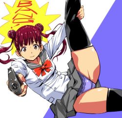 Rule 34 | 1girl, aiming, aiming at viewer, black thighhighs, breasts, brown eyes, buttons, collarbone, commentary request, crotch seam, double bun, grey skirt, gun, hair bun, handgun, kamisimo 90, knee up, legs, long hair, looking at viewer, lying, medium breasts, neck ribbon, on side, original, panties, pistol, purple panties, red hair, ribbon, sailor collar, shirt, short sleeves, skirt, smile, solo, thighhighs, thighs, twintails, underwear, weapon, white shirt