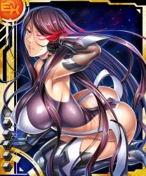 Rule 34 | 00s, 1girl, all fours, arched back, arm up, armor, ass, back, bare shoulders, breasts, card (ex-orange), card (medium), covered erect nipples, elbow gloves, female focus, fuuma saika, gloves, hair flip, high heels, impossible clothes, kneeling, large breasts, legs, leotard, lilith-soft, long hair, looking at viewer, mole, nipples, red eyes, seiza, serious, shiny clothes, shiny skin, sitting, skin tight, solo, taimanin (series), taimanin asagi, taimanin asagi battle arena all card gallery, taimanin asagi kessen arena, thighhighs, tight clothes, underwear, very long hair, zol